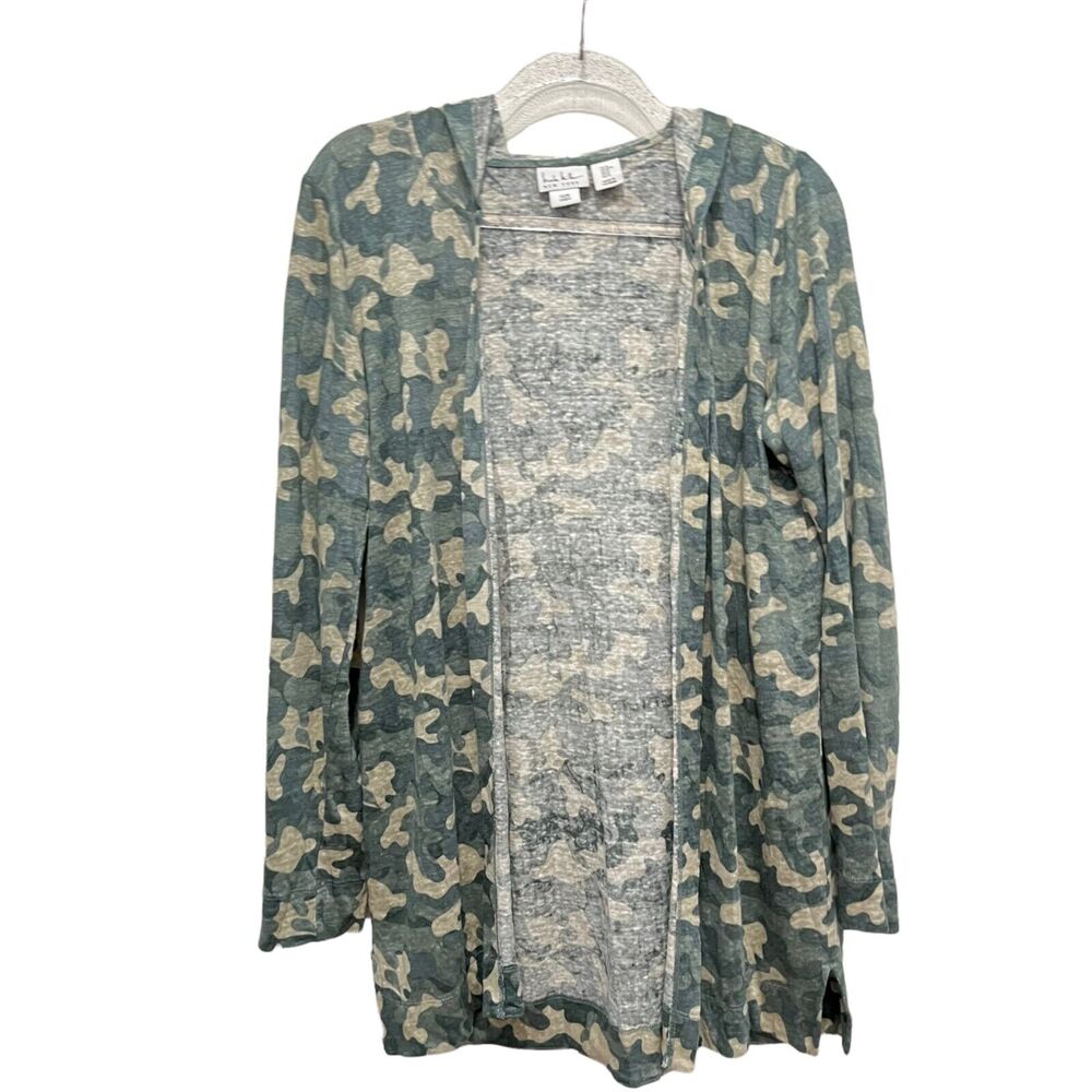 Nicole Miller Linen Cardigan Hooded Sweater Camouflage Womens Open Front Sz M